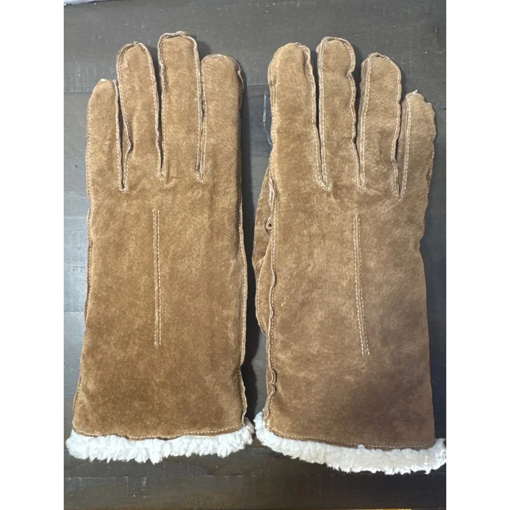 Vintage Style Camel Brown Suede Gloves White Faux Shearling Lined Winter Warm